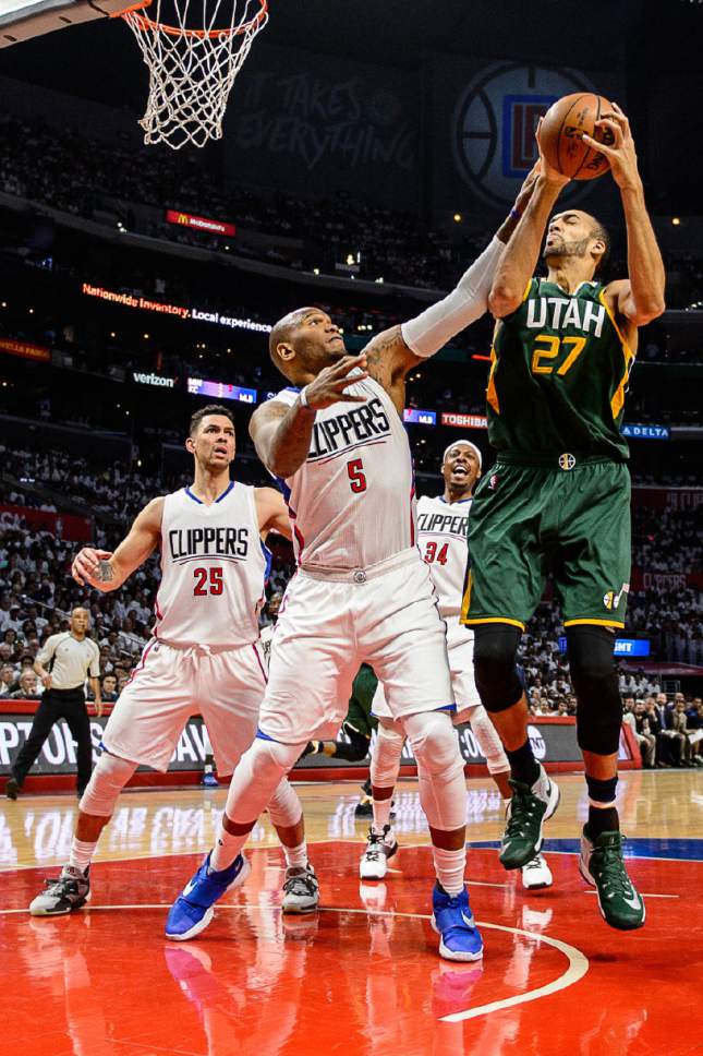 Trent Nelson  |  The Salt Lake Tribune
Utah Jazz center Rudy Gobert (27) picks up his third foul as the Utah Jazz face the Los Angeles Clippers in Game 7 at STAPLES Center in Los Angeles, California, Sunday April 30, 2017.