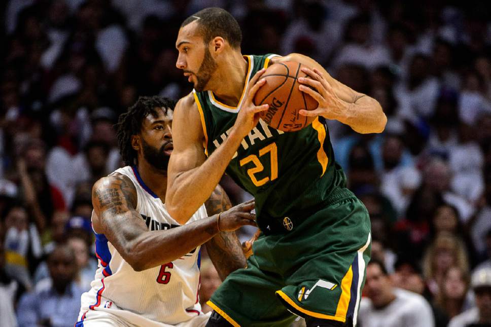 Trent Nelson  |  The Salt Lake Tribune
Utah Jazz center Rudy Gobert (27) defended by LA Clippers center DeAndre Jordan (6) as the Utah Jazz face the Los Angeles Clippers in Game 7 at STAPLES Center in Los Angeles, California, Sunday April 30, 2017.