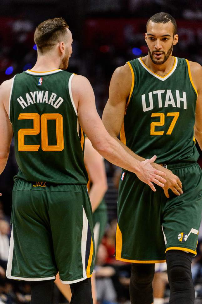 Trent Nelson  |  The Salt Lake Tribune
Utah Jazz forward Gordon Hayward (20) and Utah Jazz center Rudy Gobert (27) high-five as the Utah Jazz face the Los Angeles Clippers in Game 7 at STAPLES Center in Los Angeles, California, Sunday April 30, 2017.