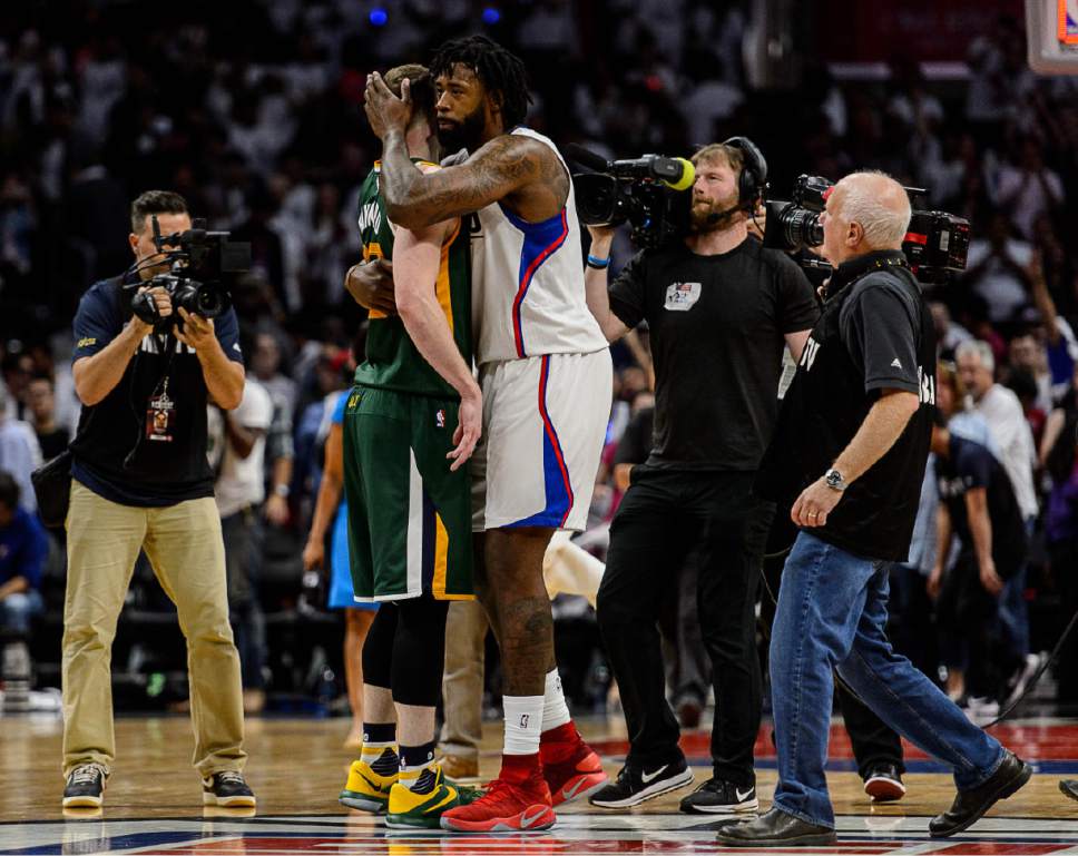 Trent Nelson  |  The Salt Lake Tribune
LA Clippers center DeAndre Jordan (6) embraces Utah Jazz forward Gordon Hayward (20) after the game the Utah Jazz defeat the Los Angeles Clippers in Game 7 at STAPLES Center in Los Angeles, California, Sunday April 30, 2017.