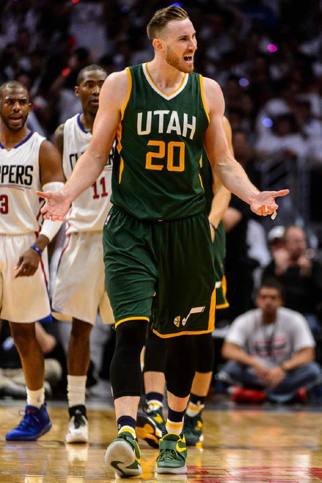 Trent Nelson  |  The Salt Lake Tribune
Utah Jazz forward Gordon Hayward (20) protests a call as the Utah Jazz face the Los Angeles Clippers in Game 7 at STAPLES Center in Los Angeles, California, Sunday April 30, 2017.