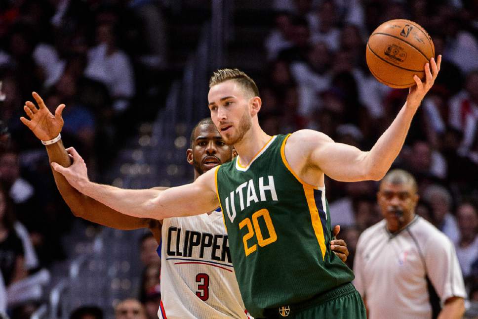 Trent Nelson  |  The Salt Lake Tribune
Utah Jazz forward Gordon Hayward (20) defended by LA Clippers guard Chris Paul (3) as the Utah Jazz face the Los Angeles Clippers in Game 7 at STAPLES Center in Los Angeles, California, Sunday April 30, 2017.