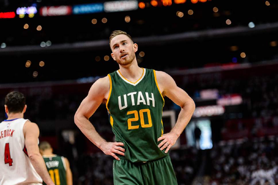 Trent Nelson  |  The Salt Lake Tribune
Utah Jazz forward Gordon Hayward (20) reacts to a foul call as the Utah Jazz face the Los Angeles Clippers in Game 7 at STAPLES Center in Los Angeles, California, Sunday April 30, 2017.