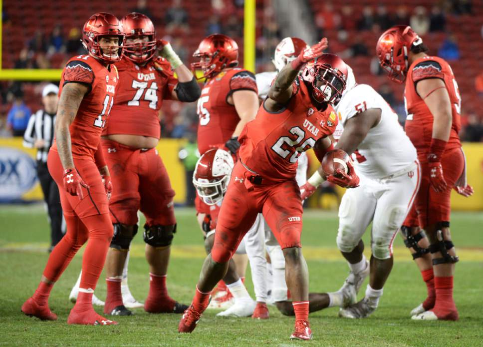 Steve Griffin / The Salt Lake Tribune

Utah Utes running back Joe Williams (28) signals a first down after a big third down conversion run during the Foster Farms Bowl at Levi's Stadium in Santa Clara California  Wednesday December 28, 2016.