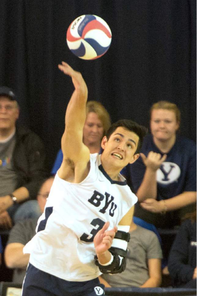 Rick Egan  |  The Salt Lake Tribune

Wil Stanley (3) serves the ball for  BYU, in Volleyball action, BYU vs. Stanford, at the Smith Field House in Provo,  Saturday, April 15, 2017.