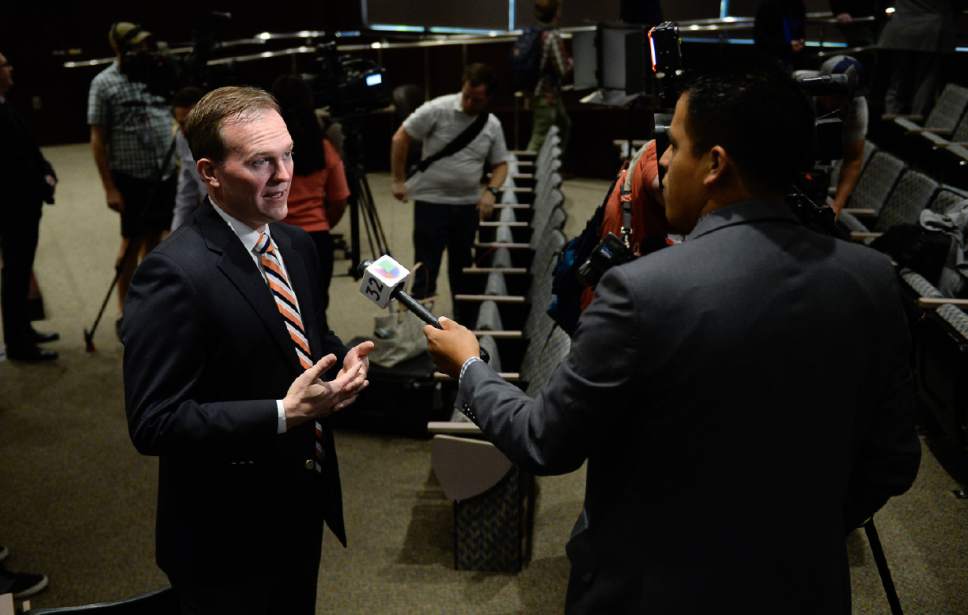 Francisco Kjolseth | The Salt Lake Tribune
Salt Lake County Mayor Ben McAdams speaks in Spanish to address viewers of Univision following a press event with county and state leaders to discuss steps to address the public safety crisis currently in the Rio Grande area of Salt Lake City on Monday, May 1, 2017.