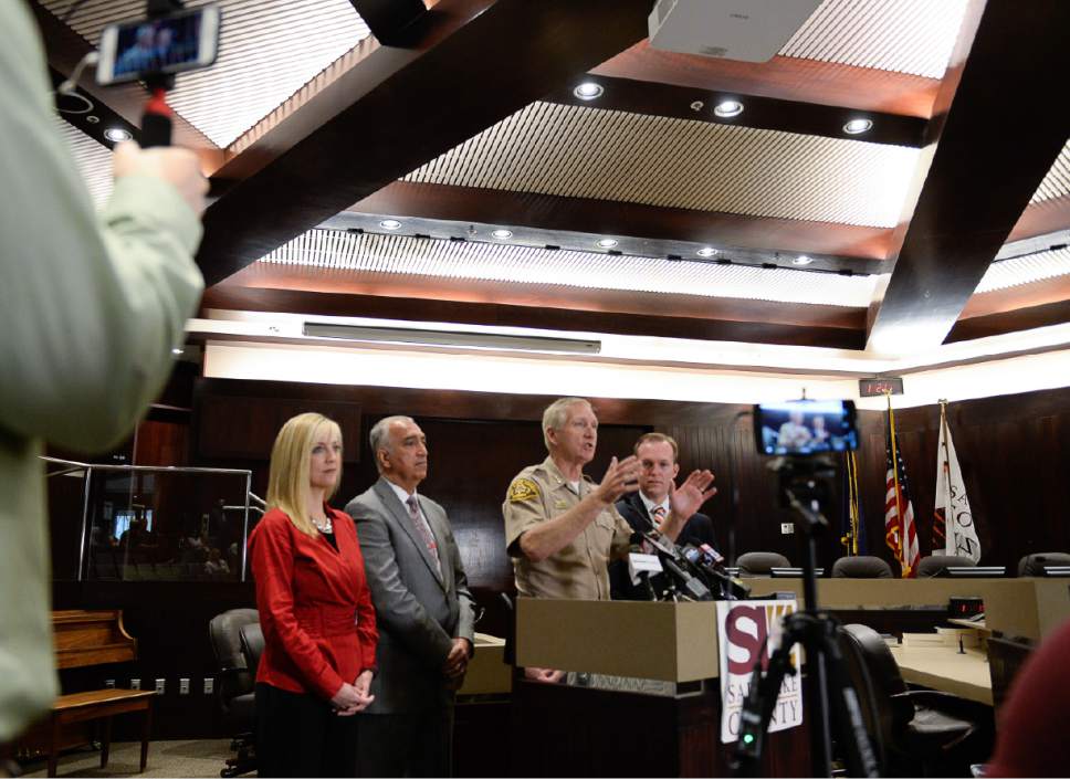 Francisco Kjolseth | The Salt Lake Tribune
County and state leaders, including council member Aimee Winder Newton, District Attorney Sim Gill, Sheriff Jim Winder, and Mayor Ben McAdams, from left, discuss steps to address the public safety crisis currently in the Rio Grande area of Salt Lake City during a press event at the Salt Lake County Government Center in Salt Lake on Monday, May 1, 2017.