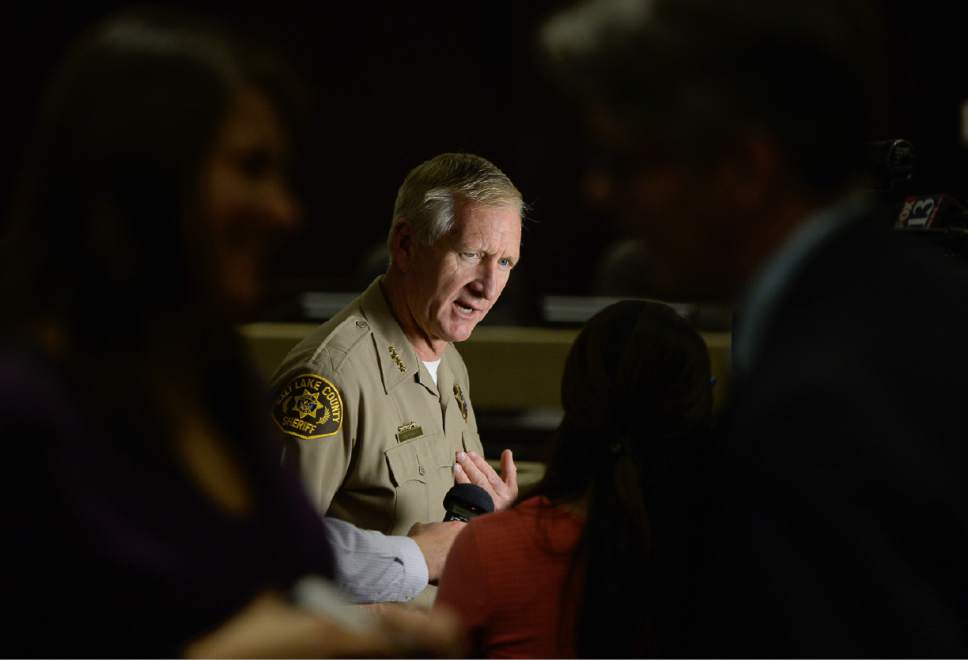 Francisco Kjolseth | The Salt Lake Tribune
Sheriff Jim Winder does additional interviews following a press event by county and state leaders to discuss steps to address the public safety crisis currently in the Rio Grande area of Salt Lake City at the Salt Lake County Government Center in Salt Lake on Monday, May 1, 2017.