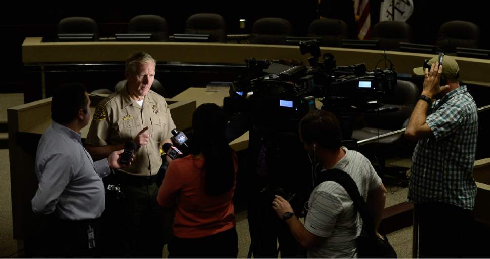 Francisco Kjolseth | The Salt Lake Tribune
Sheriff Jim Winder does additional interviews following a press event by county and state leaders to discuss steps to address the public safety crisis currently in the Rio Grande area of Salt Lake City at the Salt Lake County Government Center in Salt Lake on Monday, May 1, 2017.