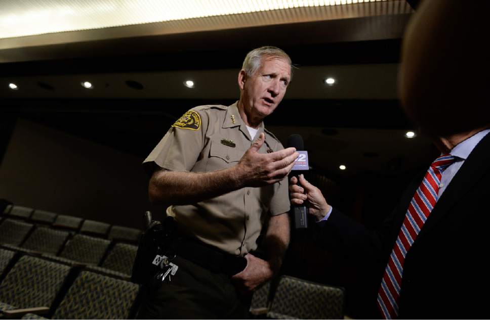 Francisco Kjolseth | The Salt Lake Tribune
Sheriff Jim Winder does individual interviews following a press event by county and state leaders to discuss steps to address the public safety crisis currently in the Rio Grande area of Salt Lake City at the Salt Lake at County Government Center in Salt Lake on Monday, May 1, 2017.