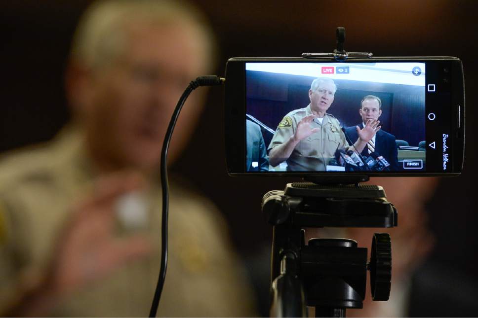Francisco Kjolseth | The Salt Lake Tribune
Sheriff Jim Winder is projected on a live stream as county and state leaders discuss steps to address the public safety crisis currently in the Rio Grande area of Salt Lake City during a press event at the Salt Lake County Government Center in Salt Lake on Monday, May 1, 2017.