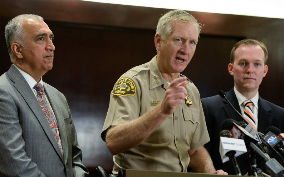 Francisco Kjolseth | The Salt Lake Tribune
District Attorney Sim Gill, Sheriff Jim Winder and Salt Lake County Mayor Ben McAdams, from left, discuss steps to address the public safety crisis currently in the Rio Grande area of Salt Lake City during a press event at the Salt Lake County Government Center in Salt Lake on Monday, May 1, 2017.
