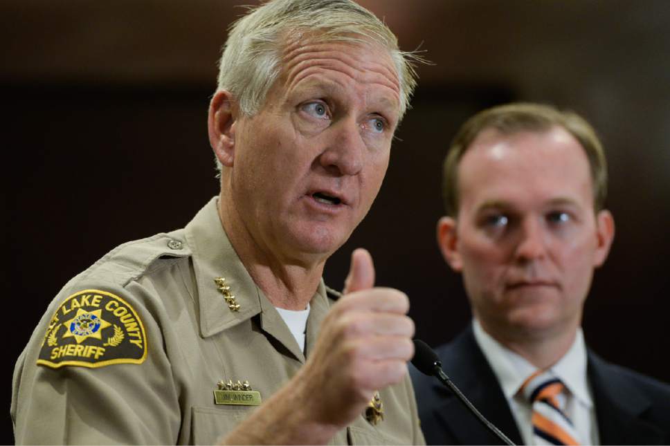Francisco Kjolseth | The Salt Lake Tribune
Sheriff Jim Winder and Salt Lake County Mayor Ben McAdams discuss steps to address the public safety crisis currently in the Rio Grande area of Salt Lake City during a press event at the Salt Lake County Government Center in Salt Lake on Monday, May 1, 2017.