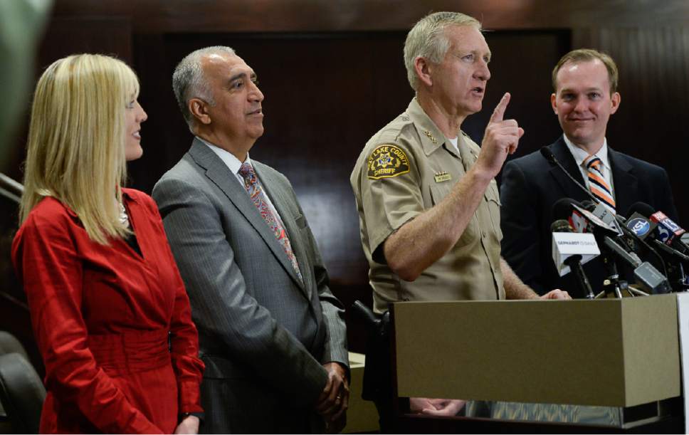 Francisco Kjolseth | The Salt Lake Tribune
Council member Aimee Winder Newton, District Attorney Sim Gill, Sheriff Jim Winder and Mayor Ben McAdams, from left, discuss steps to address the public safety crisis currently in the Rio Grande area of Salt Lake City during a press event at the Salt Lake County Government Center in Salt Lake on Monday, May 1, 2017.