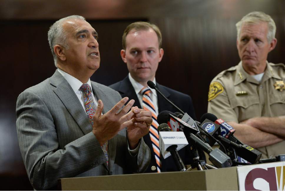 Francisco Kjolseth | The Salt Lake Tribune
District Attorney Sim Gill, left, is joined by Salt Lake County Mayor Ben McAdams and Sheriff Jim Winder as they discuss steps to address the public safety crisis currently in the Rio Grande area of Salt Lake City during a press event at the Salt Lake County Government Center in Salt Lake on Monday, May 1, 2017.