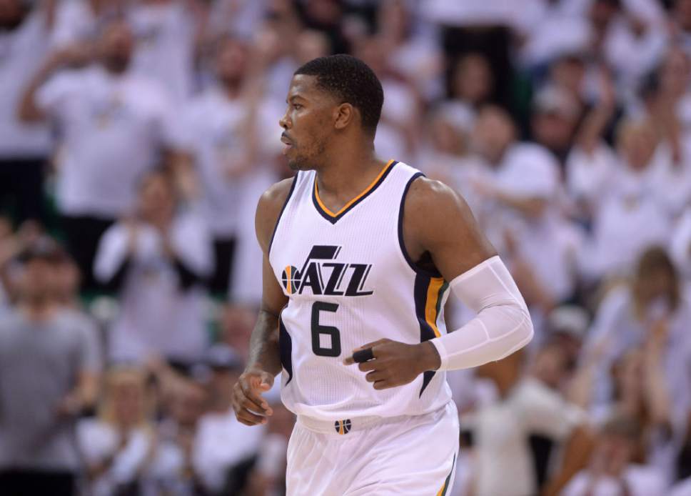 Steve Griffin  |  The Salt Lake Tribune


Utah Jazz forward Joe Johnson (6) runs back up court after nailing a three pointer as he lead the Jazz back during the Jazz versus Clippers NBA playoff game at Viviint Smart Home arena in Salt Lake City Sunday April 23, 2017.
