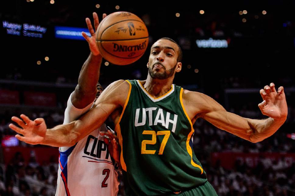 Trent Nelson  |  The Salt Lake Tribune
LA Clippers guard Raymond Felton (2) and Utah Jazz center Rudy Gobert (27) collide as the Utah Jazz face the Los Angeles Clippers in Game 7 at STAPLES Center in Los Angeles, California, Sunday April 30, 2017.