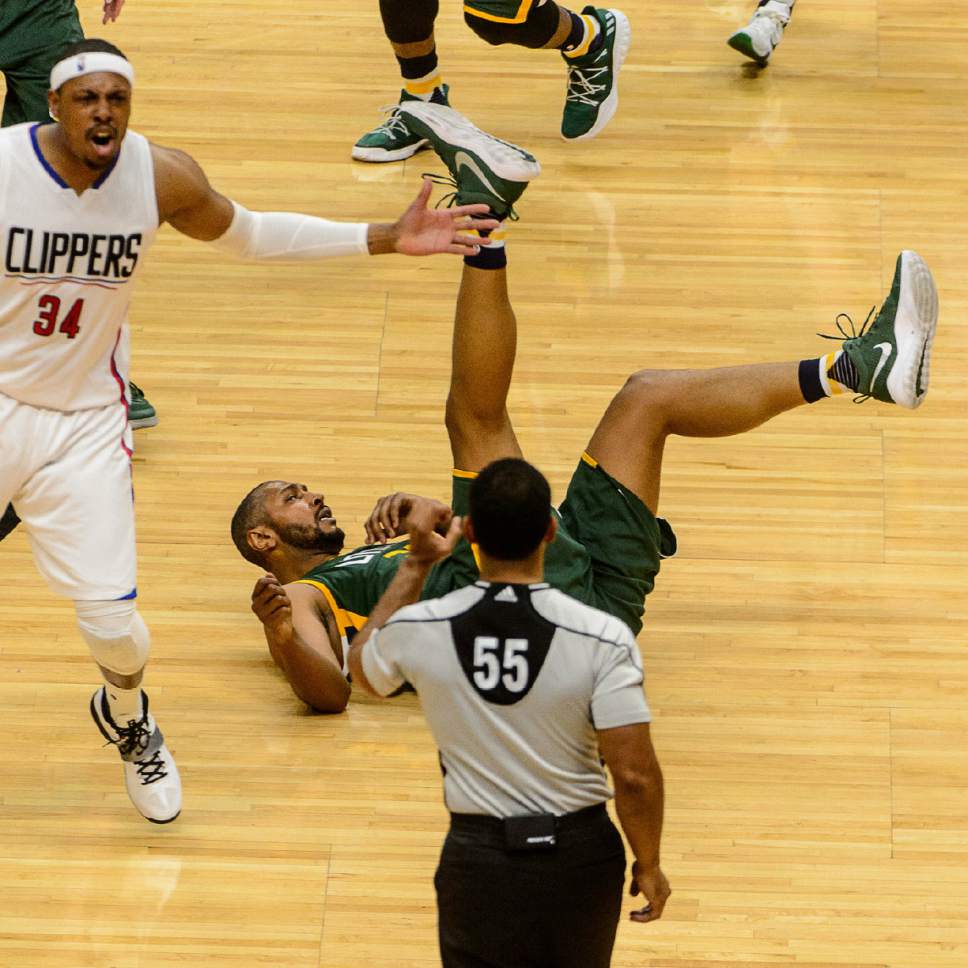 Trent Nelson  |  The Salt Lake Tribune
LA Clippers forward Paul Pierce (34) protests a call as Utah Jazz center Boris Diaw (33) hits the floor as the Utah Jazz face the Los Angeles Clippers in Game 7 at STAPLES Center in Los Angeles, California, Sunday April 30, 2017.