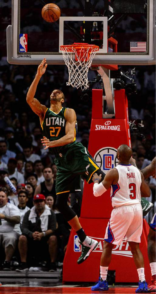 Trent Nelson  |  The Salt Lake Tribune
Utah Jazz center Rudy Gobert (27) shoots the ball as the Utah Jazz face the Los Angeles Clippers in Game 7 at STAPLES Center in Los Angeles, California, Sunday April 30, 2017.