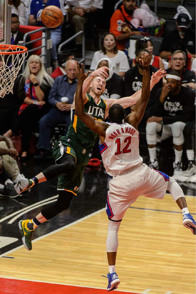 Trent Nelson  |  The Salt Lake Tribune
Utah Jazz forward Gordon Hayward (20) is defended by LA Clippers forward Luc Mbah a Moute (12) as the Utah Jazz face the Los Angeles Clippers in Game 7 at STAPLES Center in Los Angeles, California, Sunday April 30, 2017.