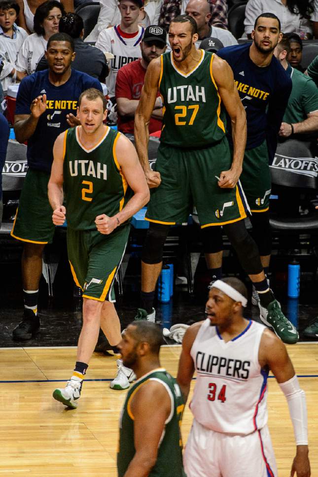 Trent Nelson  |  The Salt Lake Tribune
Utah Jazz center Rudy Gobert (27) cheers from the bench, as the Utah Jazz face the Los Angeles Clippers in Game 7 at STAPLES Center in Los Angeles, California, Sunday April 30, 2017.