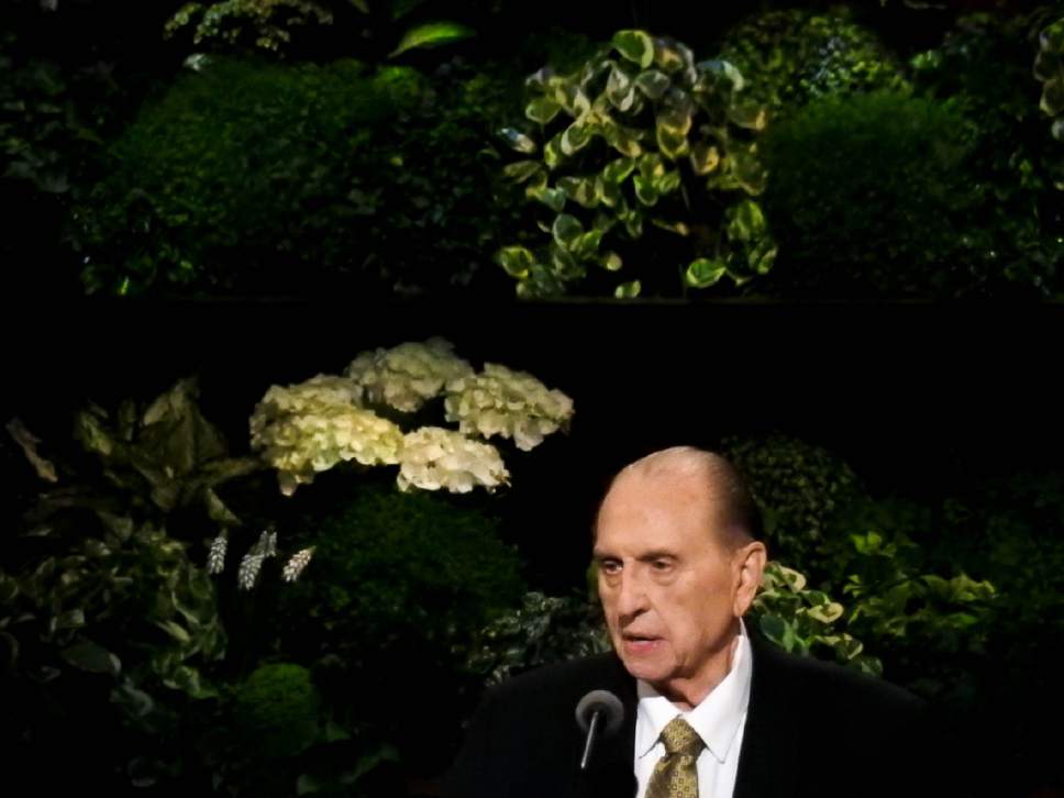 Trent Nelson  |  The Salt Lake Tribune
President Thomas S. Monson speaks during the morning session of the 187th Annual General Conference at the Conference Center in Salt Lake City, Sunday April 2, 2017.