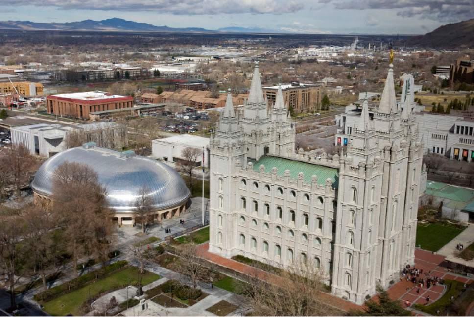 Al Hartmann   |  The Salt Lake Tribune 
Temple Square with Tabernacle, and Salt Lake Temple seen from high angle above South Temple and West Temple streets on March 22, 2011