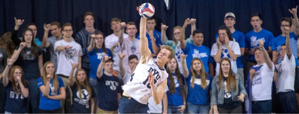 Rick Egan  |  The Salt Lake Tribune

Jake Langlois (10) serves the ball for BYU in Volleyball action, BYU vs. Stanford, at the Smith Field House in Provo,  Saturday, April 15, 2017.