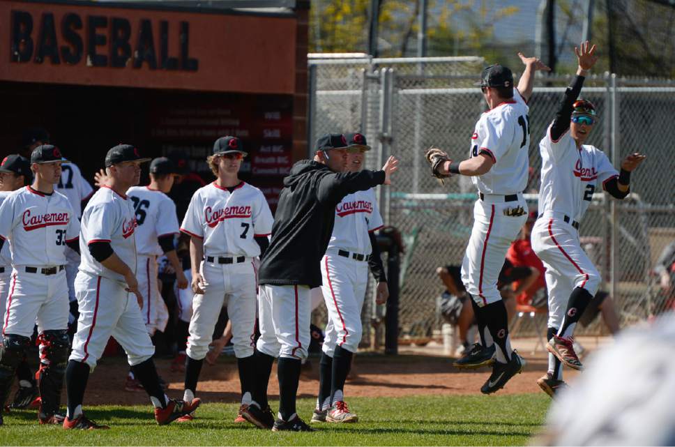 Francisco Kjolseth | The Salt Lake Tribune
American Fork celebrates a series of runs before beating Lone Peak 6-5 in game action at American Fork High on Tuesday, May 2, 2017.
