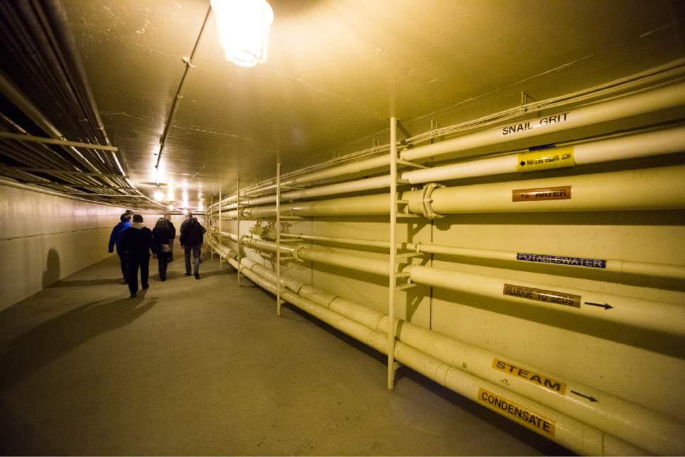 Rick Egan  |  The Salt Lake Tribune

Underground corridor at the Wastewater Treatment Plant, located at 1300 West 2300 North in Salt Lake City, Thursday, April 27, 2017.