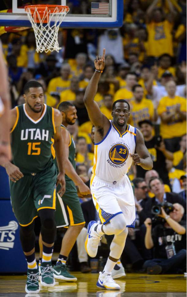 Steve Griffin  |  The Salt Lake Tribune


Golden State Warriors forward Draymond Green (23) holds top a finger after scoring during NBA playoff game between the Utah Jazz and the Golden State Warriors at Oracle Arena in Oakland Tuesday May 2, 2017.