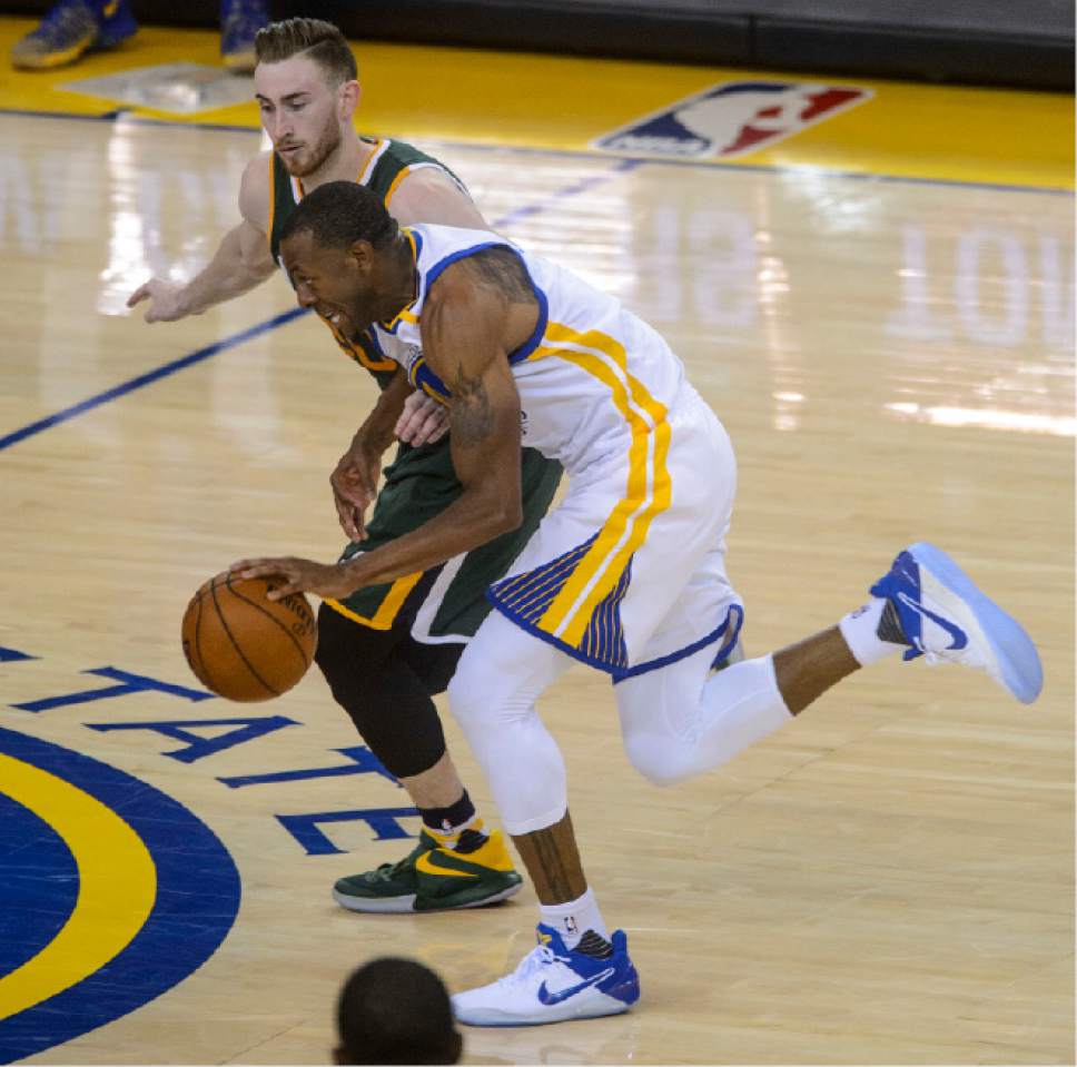Steve Griffin  |  The Salt Lake Tribune


Golden State Warriors forward Andre Iguodala (9) pushes the ball up court but is cut off by Utah Jazz forward Gordon Hayward (20) during NBA playoff game between the Utah Jazz and the Golden State Warriors at Oracle Arena in Oakland Tuesday May 2, 2017.