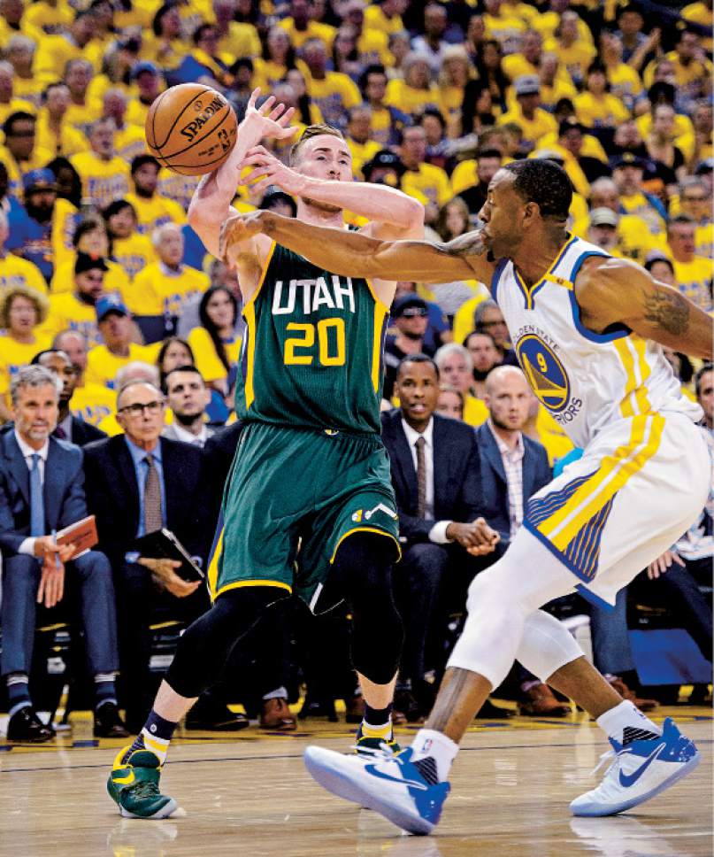 Steve Griffin  |  The Salt Lake Tribune


Utah Jazz forward Gordon Hayward (20) gets the ball slapped away fro hm by Golden State Warriors forward Andre Iguodala (9) during NBA playoff game between the Utah Jazz and the Golden State Warriors at Oracle Arena in Oakland Tuesday May 2, 2017.