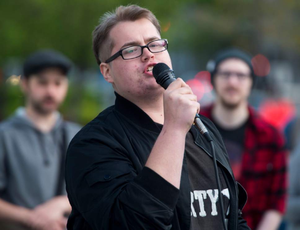 Rick Egan  |  The Salt Lake Tribune

Ian from the Freedom Roa Socialist Organization, speaks to protestors during a May Day rally to celebrate the history of struggle that all working and oppressed people share, and resolve to fight together and win, at the Federal Building in Salt Lake City, Monday, May 1, 2017.