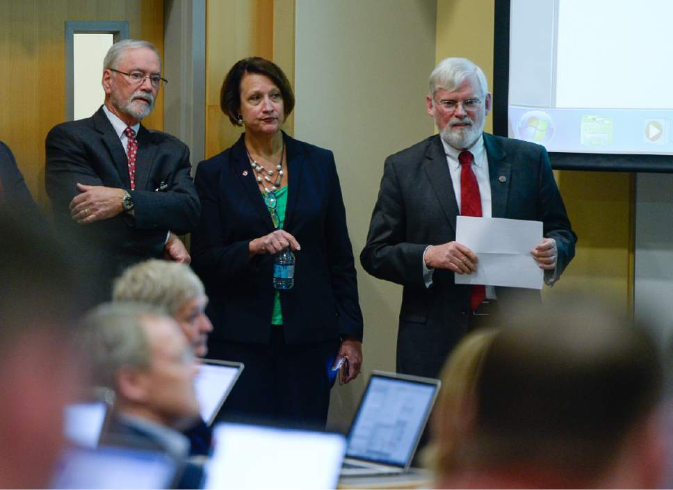 Francisco Kjolseth | The Salt Lake Tribune
A. Lorris Betz, the interim U. Health Care CEO at the University of Utah, left, Ruth Watkins, Sr. VP of Academic Affairs University President David Pershing attend a meeting at the Spencer F. and Cleone P. Eccles Health and Sciences Building on Monday, May 1, 2017, to address plans moving forward in finding a replacement for former Health Care CEO Vivian Lee. President Pershing announced he will be stepping down from his post, and that the search for his replacement will run in "parallel" with the hiring process for a new Health Sciences vice president to replace Vivian Lee, who resigned Friday amid controversy.