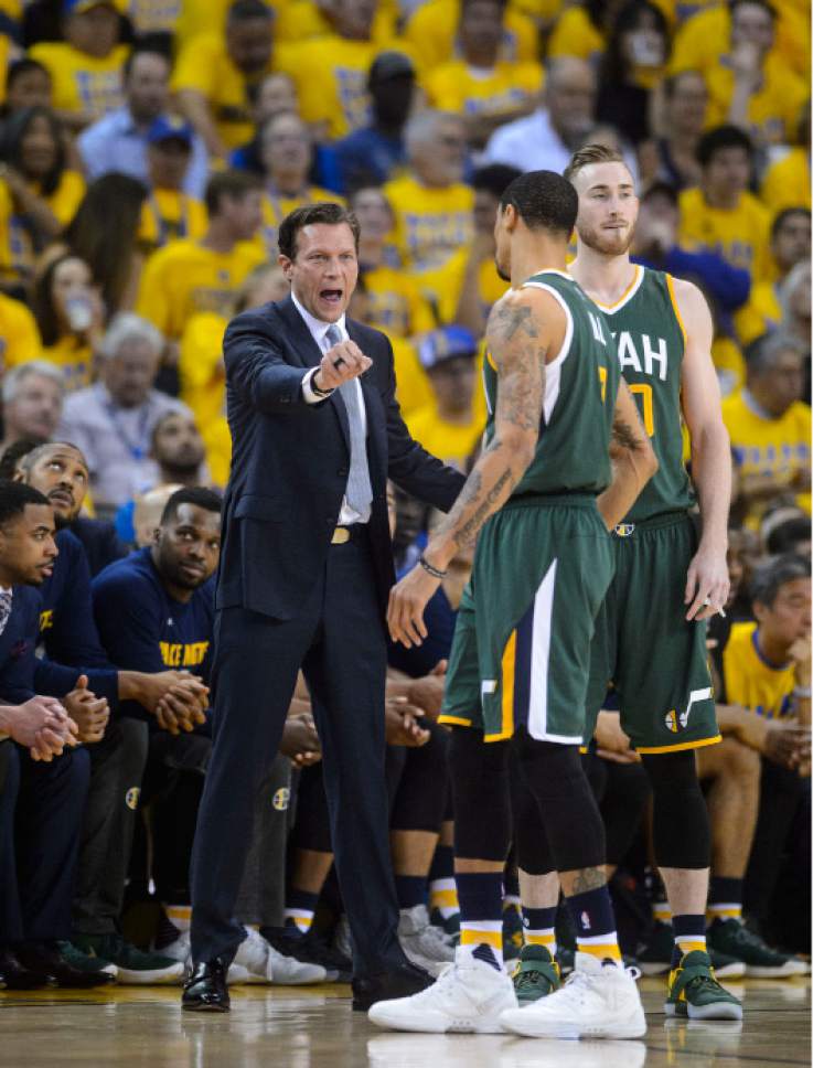 Steve Griffin  |  The Salt Lake Tribune


Utah Jazz head coach Quin Snyder yells instructions to his players during NBA playoff game between the Utah Jazz and the Golden State Warriors at Oracle Arena in Oakland Tuesday May 2, 2017.
