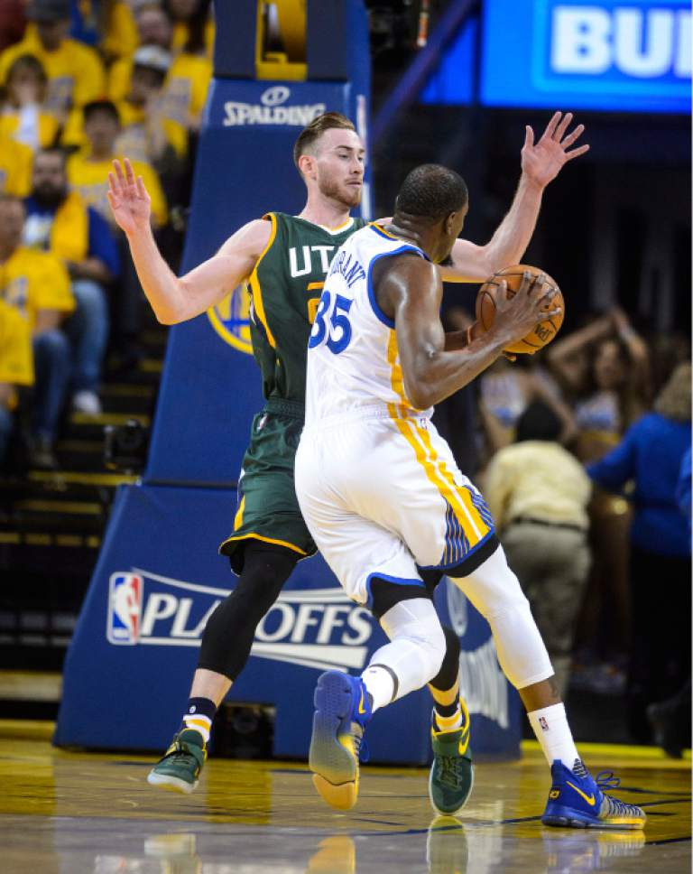 Steve Griffin  |  The Salt Lake Tribune


Utah Jazz forward Gordon Hayward (20) gets in front of Golden State Warriors forward Kevin Durant (35) during NBA playoff game between the Utah Jazz and the Golden State Warriors at Oracle Arena in Oakland Tuesday May 2, 2017.