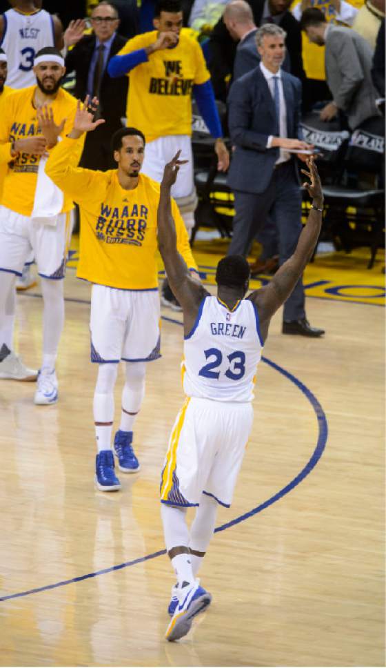 Steve Griffin  |  The Salt Lake Tribune


Golden State Warriors forward Draymond Green (23) gets the crowd going as the Warriors build a big lead during NBA playoff game between the Utah Jazz and the Golden State Warriors at Oracle Arena in Oakland Tuesday May 2, 2017.