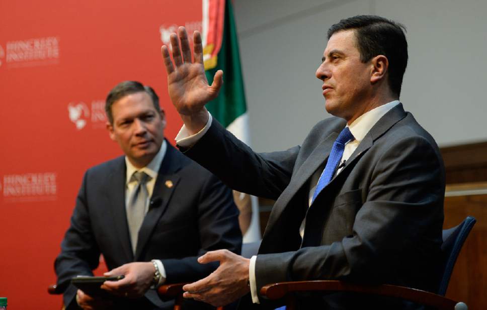 Francisco Kjolseth | The Salt Lake Tribune
Mexicoís Ambassador to the United States, GerÛnimo GutiÈrrez, visits Salt Lake City on Wednesday, May 3, 2017, as he attends the Hinckley Institute of Politics Forum Series alongside Jason Perry, left, to discuss U.S.-Mexico relations, discussing his role in representing Mexico under President Trump.