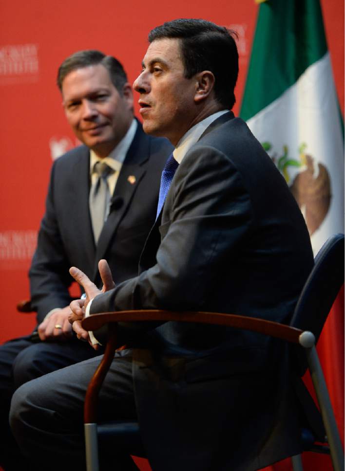 Francisco Kjolseth | The Salt Lake Tribune
Mexico's Ambassador to the United States, Gerónimo Gutiérrez, visits Salt Lake City on Wednesday, May 3, 2017, as he attends the Hinckley Institute of Politics Forum Series alongside Jason Perry, left, to discuss U.S.-Mexico relations, discussing his role in representing Mexico under President Trump.