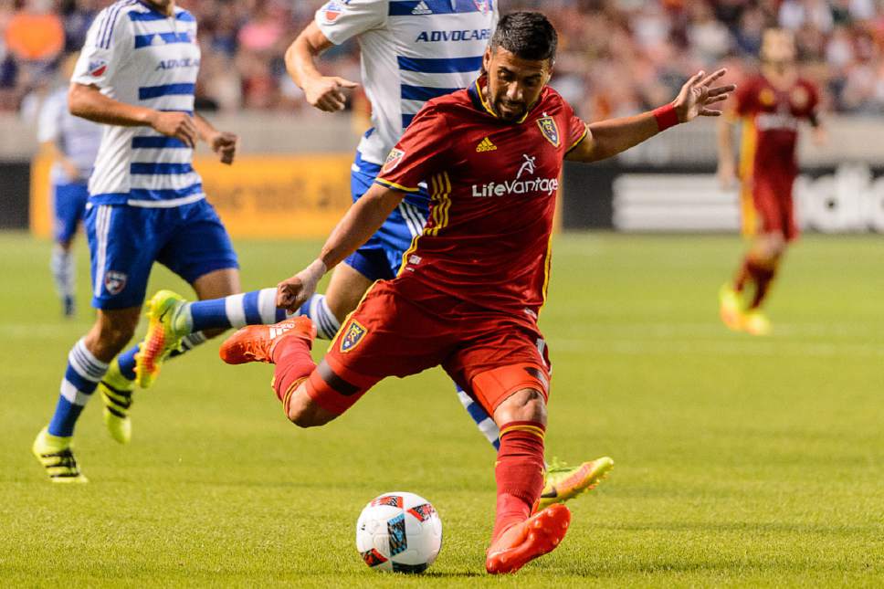 Trent Nelson  |  The Salt Lake Tribune
Real Salt Lake midfielder Javier Morales (11) takes a shot as Real Salt Lake faces FC Dallas at Rio Tinto Stadium in Sandy, Saturday August 20, 2016.