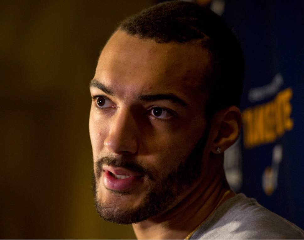 Steve Griffin  |  The Salt Lake Tribune


Utah Jazz center Rudy Gobert (27) talks to reporters during the Utah Jazz media availability at the Four Seasons in San Francisco Wednesday May 3, 2017.