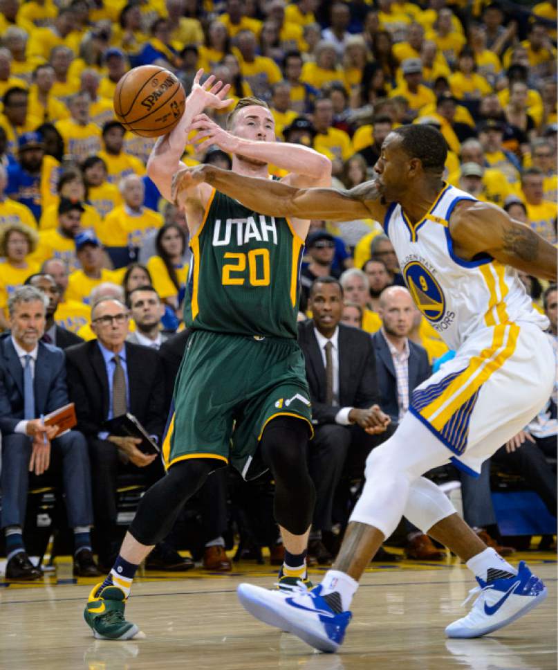 Steve Griffin  |  The Salt Lake Tribune


Utah Jazz forward Gordon Hayward (20) gets the ball slapped away fro hm by Golden State Warriors forward Andre Iguodala (9) during NBA playoff game between the Utah Jazz and the Golden State Warriors at Oracle Arena in Oakland Tuesday May 2, 2017.