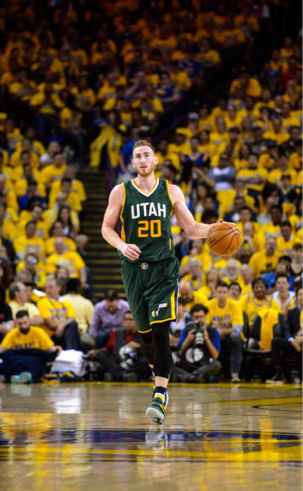 Steve Griffin  |  The Salt Lake Tribune


Utah Jazz forward Gordon Hayward (20) dribbles up court during NBA playoff game between the Utah Jazz and the Golden State Warriors at Oracle Arena in Oakland Tuesday May 2, 2017.