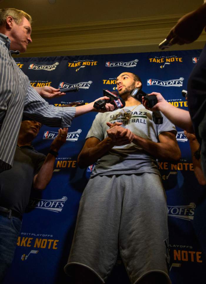 Steve Griffin  |  The Salt Lake Tribune


Utah Jazz center Rudy Gobert (27) talks to reporters during the Utah Jazz media availability at the Four Seasons in San Francisco Wednesday May 3, 2017.