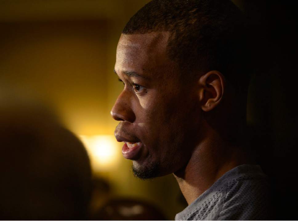 Steve Griffin  |  The Salt Lake Tribune


Utah Jazz guard Rodney Hood (5) talks to reporters during the Utah Jazz media availability at the Four Seasons in San Francisco Wednesday May 3, 2017.