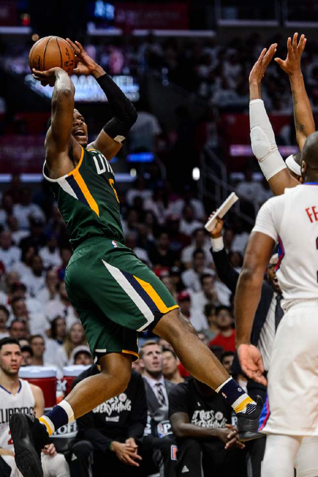 Trent Nelson  |  The Salt Lake Tribune
Utah Jazz forward Joe Johnson (6) shoots the ball as the Utah Jazz face the Los Angeles Clippers in Game 7 at STAPLES Center in Los Angeles, California, Sunday April 30, 2017.