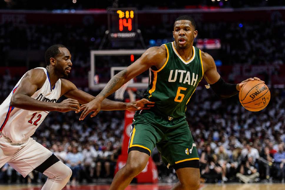 Trent Nelson  |  The Salt Lake Tribune
Utah Jazz forward Joe Johnson (6) defended by LA Clippers forward Luc Mbah a Moute (12) as the Utah Jazz face the Los Angeles Clippers in Game 7 at STAPLES Center in Los Angeles, California, Sunday April 30, 2017.