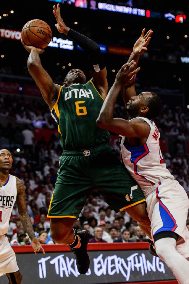 Trent Nelson  |  The Salt Lake Tribune
Utah Jazz forward Joe Johnson (6), defended by LA Clippers forward Luc Mbah a Moute (12) as the Utah Jazz face the Los Angeles Clippers in Game 7 at STAPLES Center in Los Angeles, California, Sunday April 30, 2017.