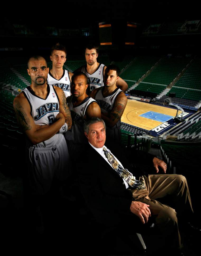 Photo Illustration by Francisco Kjolseth  |  The Salt Lake Tribune

Cover shot for the playoffs special section featuring Jazz players, Carlos Boozer, Andrei Kirilenko, Derek Fisher Mehmet Okur and Deron Williams, from left, along with coach Jerry Sloan. April 18, 2007.